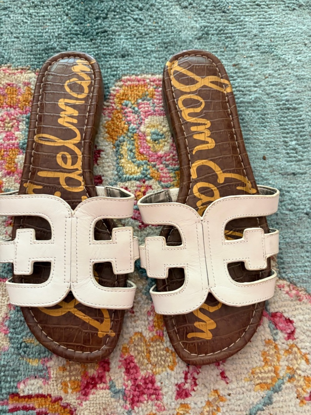 Sam Edelman White Leather Slide Sandals with Brown Croc Insole